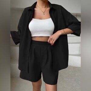 Black Button Down Shirt and High-Waist Women’s Shorts Matching Set